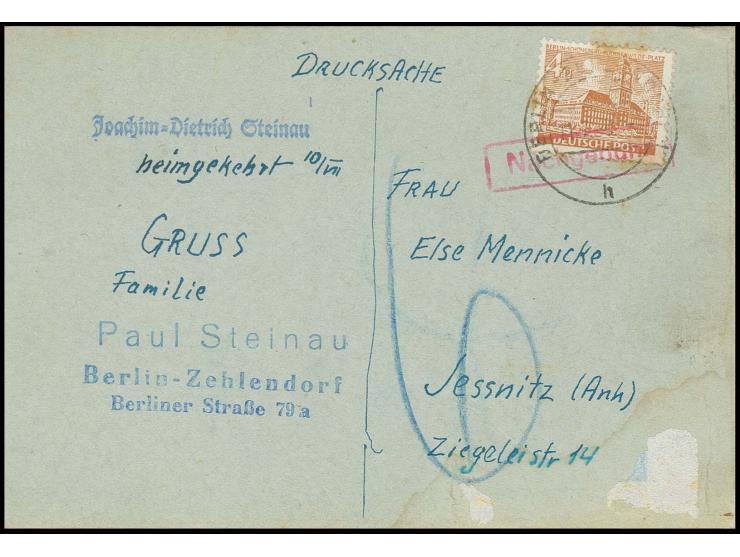 4 Pfg. auf selbstgefertigter Drucksachenkarte mit Heimkehrer-Gruß von "BERLIN-ZEHLENDORF 11.7.49" nach Jessnitz mit Nachgebüh