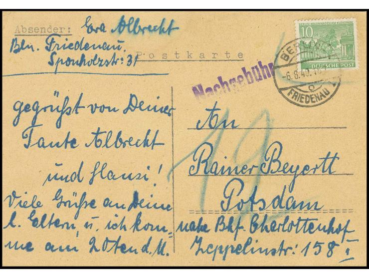 10 Pfg. auf Postkarte von "BERLIN-FRIEDENAU 6.8.49" nach Potsdam mit Nachgebühr-Stempel und Taxe "12" wegen Nichtanerkennung 
