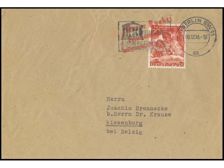 20 Pfg. auf Bedarfsbrief mit Maschinen-Stempel "BERLIN SW 11 UNESCO...13.12.53" in die SBZ mit rotem Gegenstempel "Unser Rech