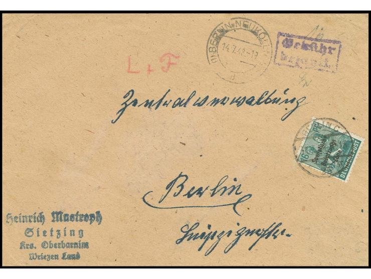 1948, Brief mit Absender aus Kr. Oberbarnim mit Aufgabe in Westberlin von "BERLIN-NEUKÖLLN 1 14.7." mit Barfrankatur in den S