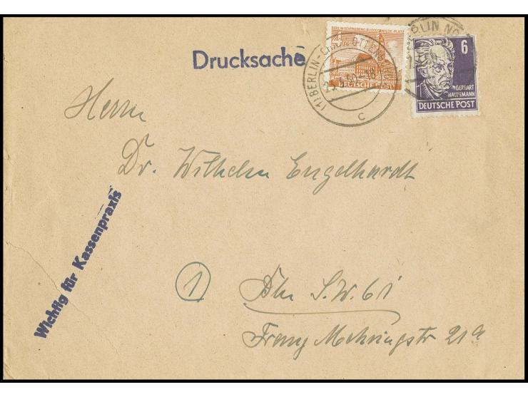 Köpfe I 6 Pfg. auf Drucksachenumschlag von "BERLIN NO 55 17.3.50" nach Westberlin ohne Merkmale an den Absender zurück und Ne