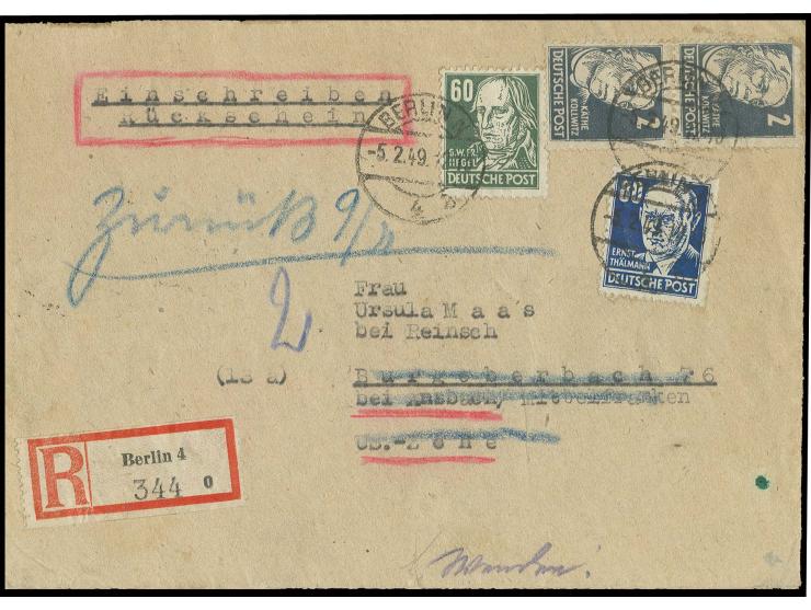 80 Pfg., 60 Pfg. und 2 Pfg. (2) als portogerechte Frankatur auf Einschreibe-Rückschein-Brief von "BERLIN N 4 5.2.49" mit Abse