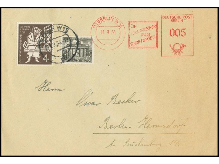 14.9.54, 5 Pfg. Münzfreistempel (sog. "Beamtentod) vom 1. Standort Berlin W 15 in Mischfrankatur Bauten 1 Pfg. und Gutenberg 