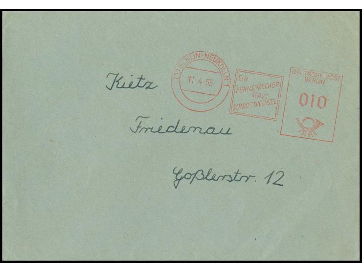 11.4.55., 10 Pfg. Münzfreistempel (sog. "Beamtentod) vom 2. Standort Berlin-Neukölln auf Ortsbrief