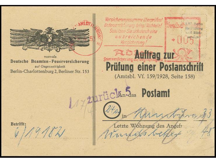 5 Pfg. Absenderfreistempel der Adler-Feuerversicherung auf Vordruckpostkarte "Auftrag zur Prüfung einer Postanschrift" von "B
