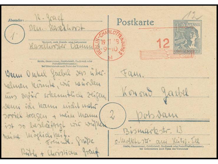 12 Pfg. Postfreistempel von "BERLIN-CHARLOTTENBURG 19.1.48" auf Ganzsache 12 Pfg. Arbeiter (Formblatt), gebraucht mit viel Te