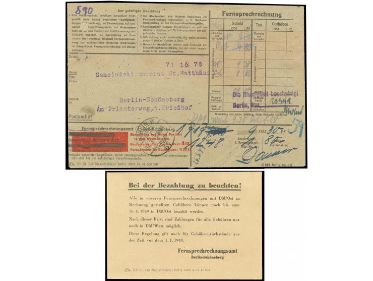1949, Fernsprechrechnung-Vordruckumschlag mit geteilten Ost- und Westmark-Beträgen von "BERLIN W 57 31.3." sowie 2 Lastzettel