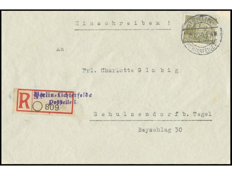 1950, Blanko-Zettel mit violettem L2 "Berlin-Lichterfelde Poststelle I" auf Einschreibe-Brief von "BERLIN-LICHTERFELDE 5 16.1