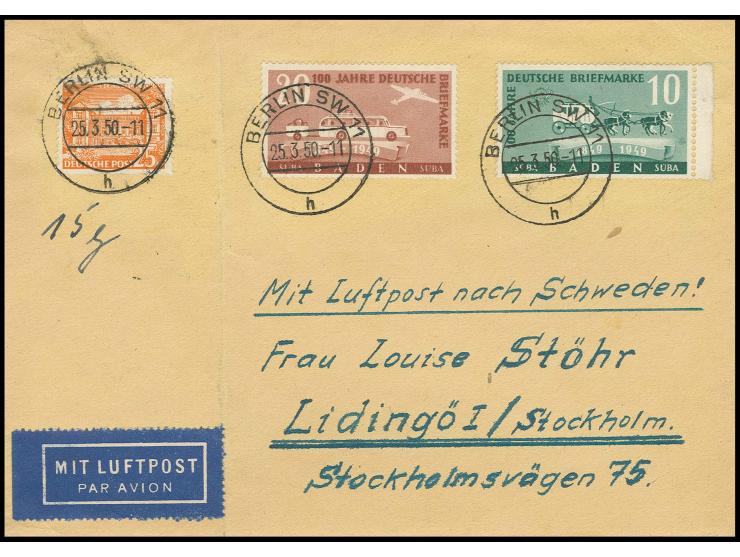 Baden 100 Jahre dt. Briefmarken 10 Pfg. und 20 Pfg. in Mischfrankatur mit Berlin Bauten 25 Pfg. als portogerechte Frankatur a