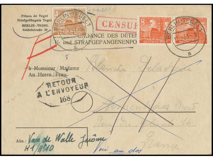 1951, 8 Pfg. im waagerechten Paar und 4 Pfg. (nachgeklebt) als portogerechte Frankatur auf Doppel-Vordruckkarte des Strafgefä