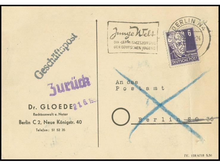 1952, 6 Pfg. Köpfe als portogerechte Einzelfrankatur auf Anschriften-Prüfkarte von "BERLIN N4 19.6." nach Westberlin SO 36 mi