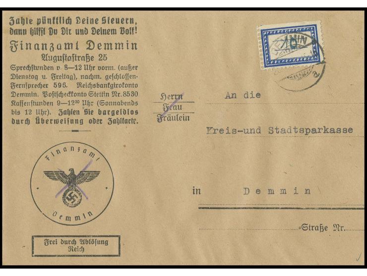 Etikettenmarke im Format 24x15 mm vom oberen Bogenrand (oben geschnitten) mit Wertangabe "10" als portogerechte Einzelfrankat