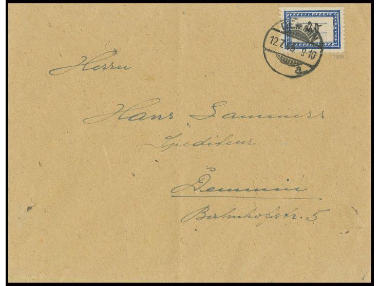 Etikettenmarke im Format 24x15 mm vom oberen Bogenrand (oben geschnitten) mit Wertangabe "20" auf überfrankiertem Ortsbrief a