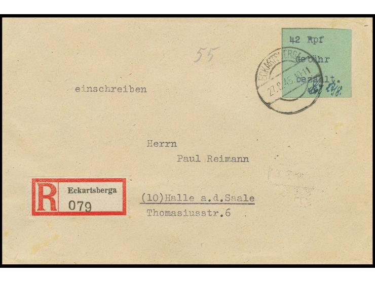 1945, 42 Pfg. auf grün mit Signum "Bu" auf Sammler-R-Brief von "ECKARTSBERGA 27.8.45" nach Halle mit Ankunftsstempel, rücksei