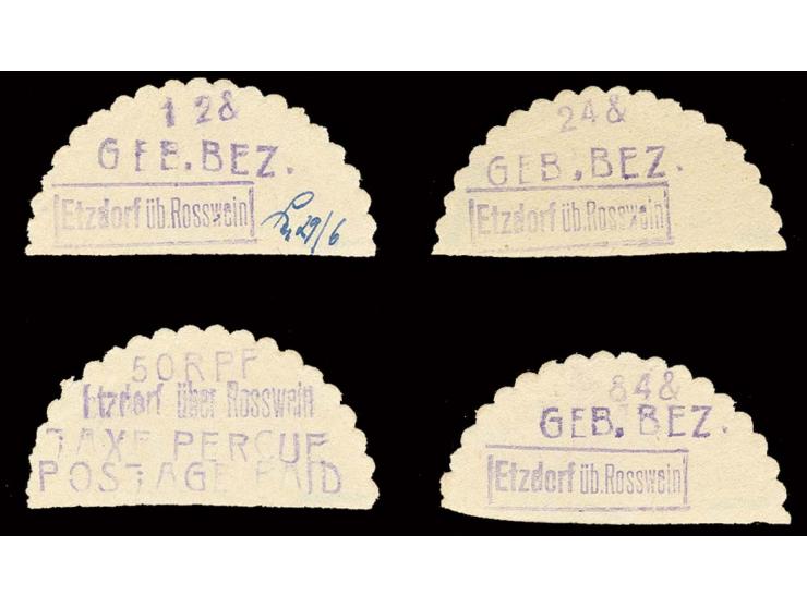 1948, Gebührenzettel 12- 84 Pfg. kpl., postfrisch, 2 Werte mit Bügen im Rand, sign. Sturm, Merschkötter und Zierer (Mi. 3000,