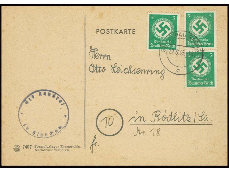 1945, D.R. Dienstmarke 5 Pfg. (3) ungeschwärzt, gestempelt "GLAUCHAU 22.6.45" auf Vordruckkarte "Kriegsgeschädigtenamt" mit a
