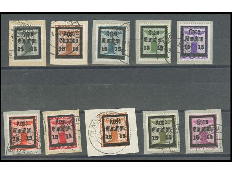 Partei-Dienstmarken 1-40 Pfg. mit Aufdruck kpl. auf 10 Briefstücken, Fotoattest Dr. Penning BPP (Mi. 640,-)
