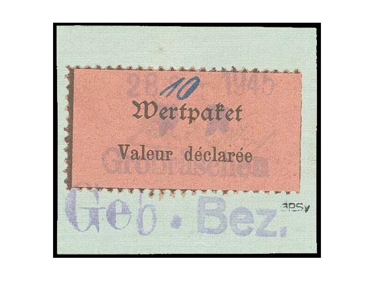 1945, Wertpaketzettel 10 Pfg. auf Briefstück mit Notstempel-Type b, Fotoattest Kunz BPP