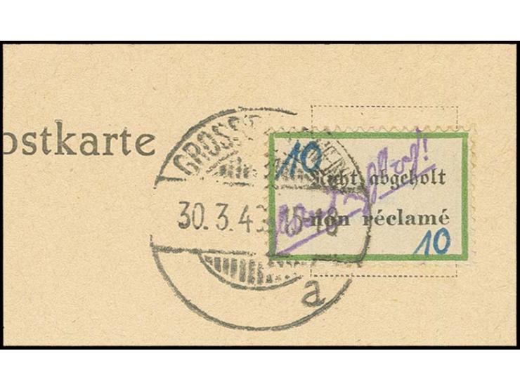 Postzettel 10 Pfg. "Nicht abgeholt...", gest. "GROSSRÄSCHEN 30.3.46" auf Briefstück, Befund Kunz BPP