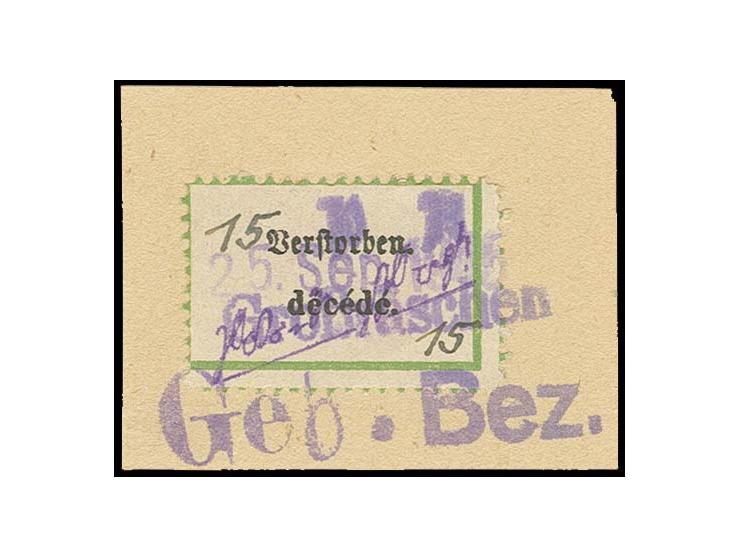 15 Pfg. "Verstorben..." mit Notstempel-Type b, auf Briefstück, Fotoattest Kunz BPP