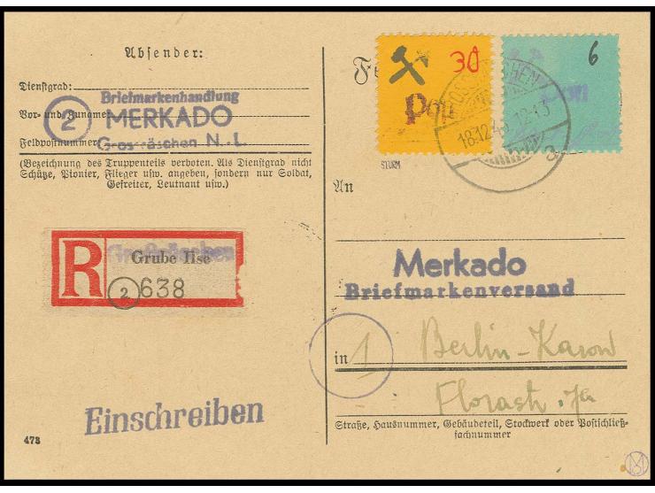 30 Pfg. auf orange und 6 Pfg. auf grün auf Einschreibe-Postkarte von "GROSSRÄSCHEN 18.12.45", Marken einwandfrei und mit zeit