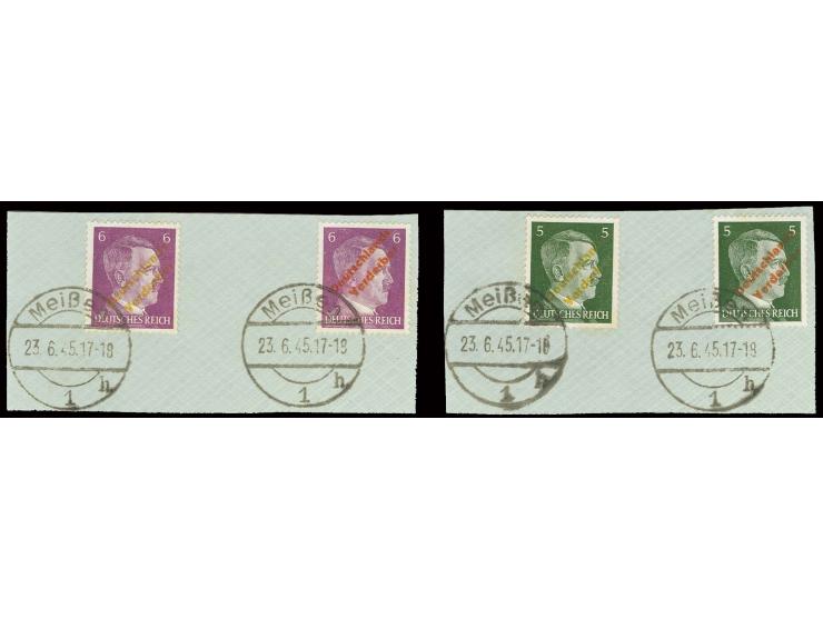 1945, 5 "Deutschlands Verderber" und 6 Pfg. mit gelbem und orangerotem Aufdruck, kpl. Satz mit 4 Werten, gest. "Meißen 23.6.4