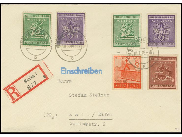 Wiederaufbau geschnitten: 5-12 Pfg. kpl. mit portogerechter Zufrankatur auf Einschreibe-Brief von "MEISSEN 10.1.46" nach Kall