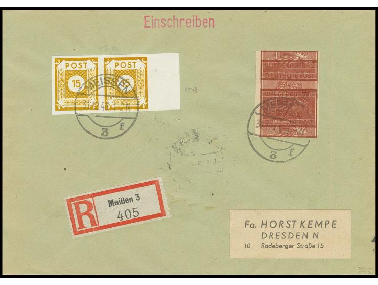 12 Pfg. braunrot mit Doppeldruck auf Einschreibe-Brief mit Zufrankatur von "MEISSEN 31.12.45" nach Dresden mit Ankunftsstempe