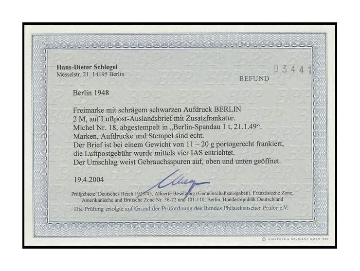 2 M. und 50 Pfg. als portogerechte Frankatur auf IAS-Luftpostbrief bis 20 g von "BERLN-SPANDAU 21.1.49" in die USA, Umschlag 