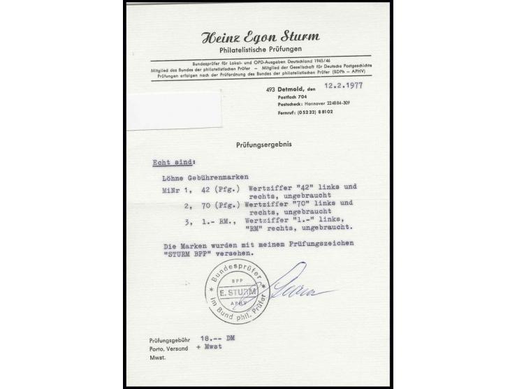 LÖHNE: 1945, Gebührenzettel 42 Pfg.-1 M. kpl., ohne Gummi wie verausgabt, sign. Sturm BPP ex Dr. Rueger
