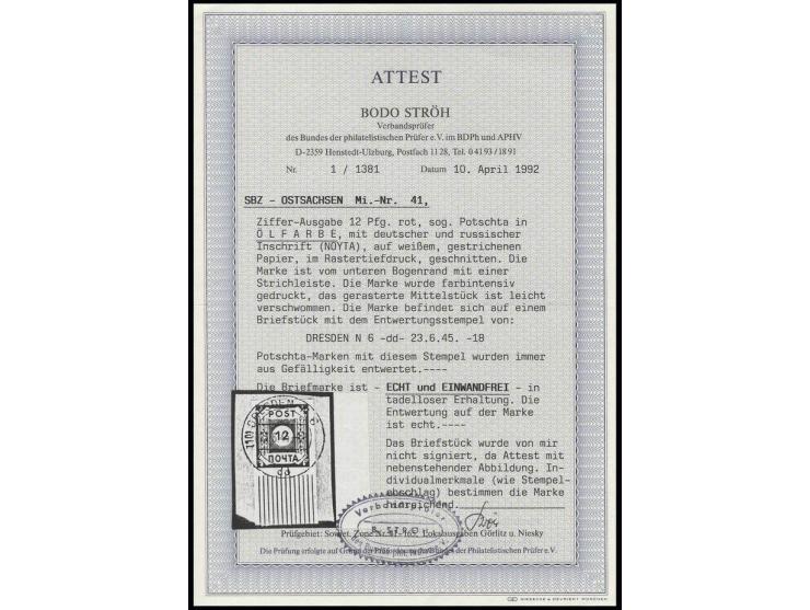 12 Pfg. mit Unterrand und Stempel "DRESDEN N 6 23.6.45" auf Briefstück, Fotoattest Ströh BPP (Mi. 800,-)