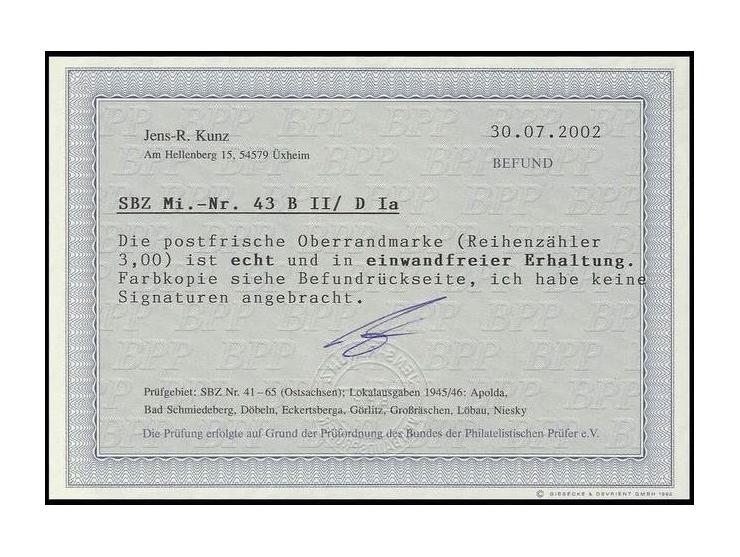 6 Pfg., Oberrandstück mit amtlicher Linienzähnung 10, postfrisch, Befund Kunz BPP ex Dr. Rueger