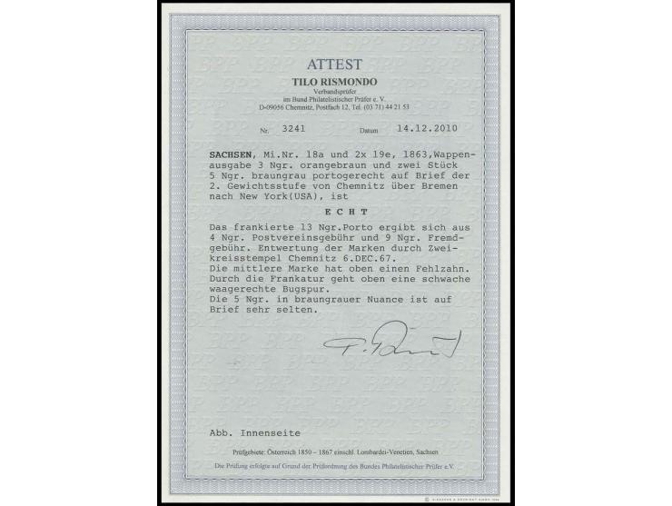 Wappen 5 Neugroschen braungrau, 2 Einzelwerte mit 3 Neugroschen  orangebraun mit DKr. "CHEMNITZ 6 DEC. 67" auf Faltbrief mit 