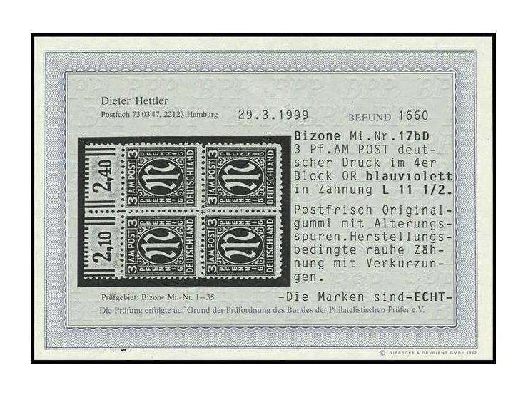 deutscher Druck: 3 Pfg. blauviolett in Zähnung 11½ im postfrischen Oberrand-4er-Block, etwas zahnstockig, seltene Einheit, Fo