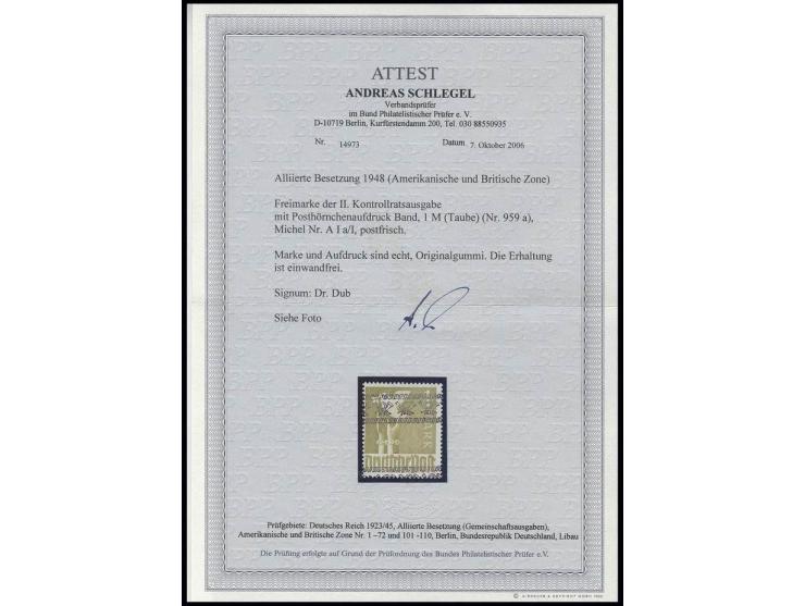 Taube 1 M., postfrisch, Fotoattest Schlegel BPP ex Dr. Rueger