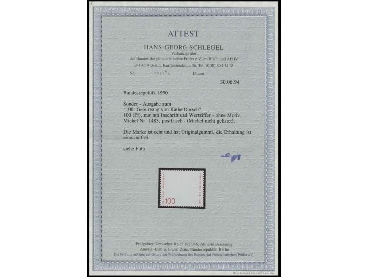 1990, Käthe Dorsch 100 Pfg., alle Farben außer rot fehlend, postfrisch, dazu Vergleichsstück, Fotoattest Schlegel BPP (Mi. 75