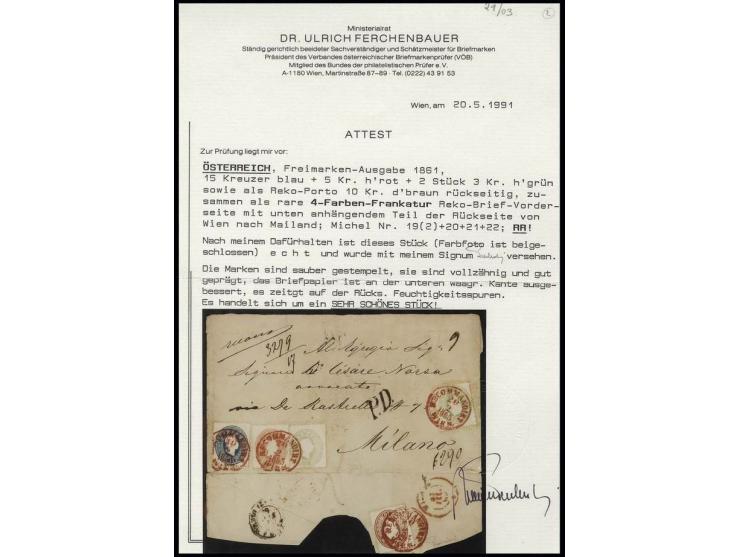 1860, 3 Kr. hellgrün, zwei Werte, sowie 5-15 Kr. mit rotem EKr. "RECOMANDIRT WIEN 20 2 1865" vorder- und rückseitig auf große