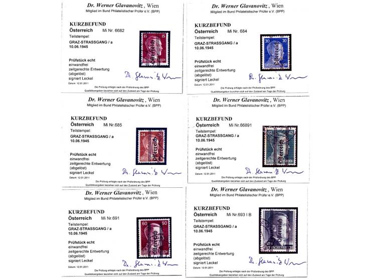 1945, Grazer Aufdruck 1, 4, 8, 10, 15, 20, 24, 42 und 60 Pfg. sowie 1 und 3 M. mit zeitgerechten und echten Stempeln, selten,