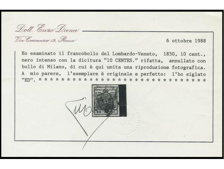 10 C. schwarz mit Retusche in "CENTES.", allseits breitrandig, EKr. von Mailand, Pracht, sign. E. Diena mit Attest (Sassone 2