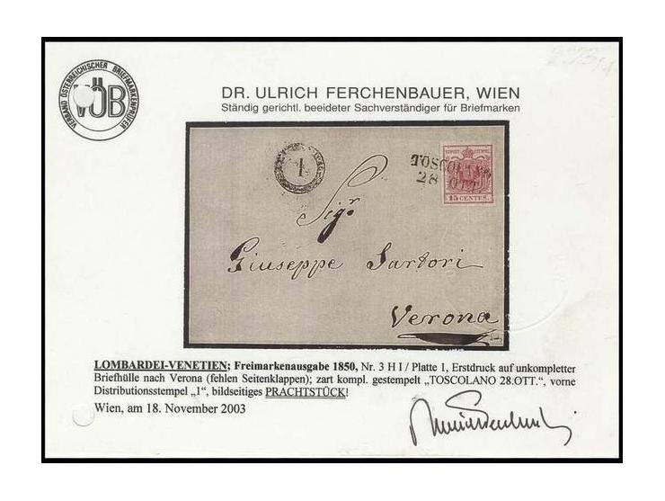 15 C. rot, Type I, Platte 1 (Erstdruck), allseits gut gerandet, mit L2 "TOSCOLANO 28.OTT" auf  Briefhülle (Seitenklappen fehl