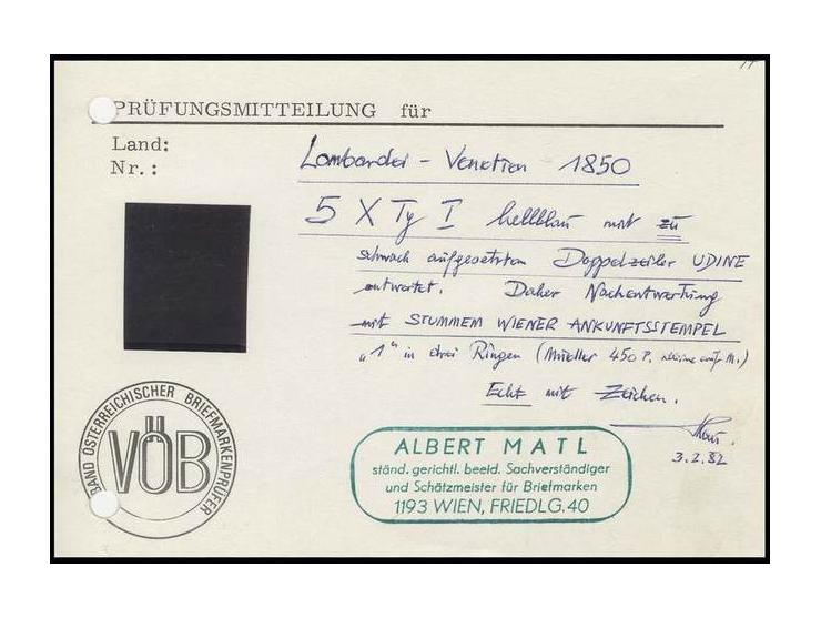 45 C. hellblau, Type I, mit Teil-Wz. allseits gut gerandet, mit schwachem L2 "UDINE" und nachträglichem Wiener Ankunftstempel