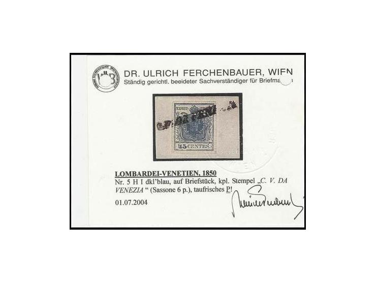 45 C. dunkelblau, Type I, allseits breitrandig, mit kpl. L1 "C. V. DA VENEZIA" auf Briefstück, Pracht, sign. und Fotobefund D
