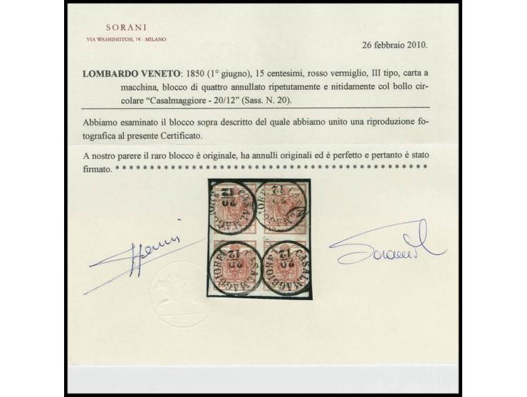 50 C. orangerot im 4er-Block, allseits breitrandig und farbfrisch, jeder Wert sauber entwertet durch EKr. "CASALMAGGIORE 20/1