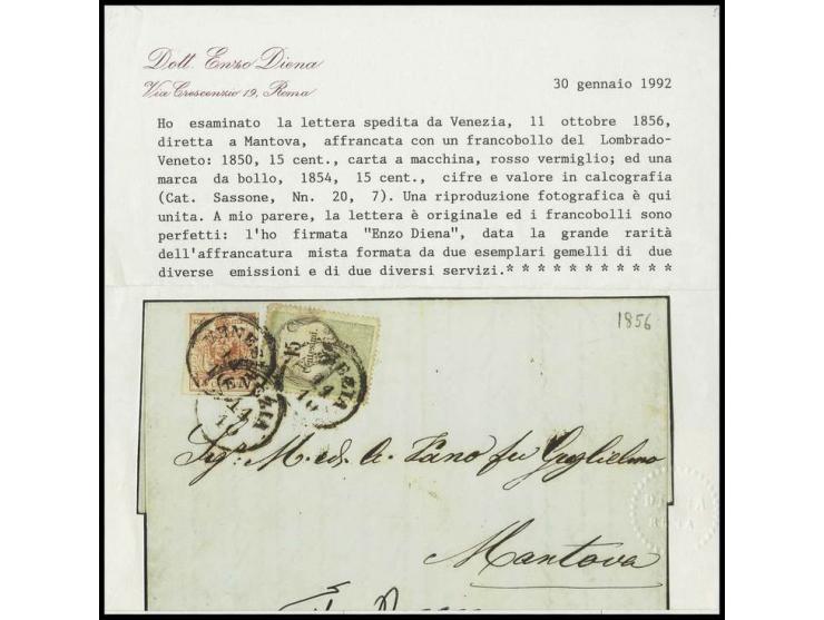 15 C. grün/schwarz in Mischfrankatur mit Freimarke 1850, 15 C. rot, Maschinenpapier, mit EKr. "VENETIA 14/10" (1856) auf kpl.