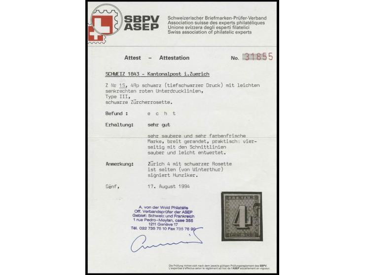 1843, Unterdrucklinien senkrecht: 4 Rp. schwarz, Type III, allseits sehr breitrandig mit Schnittlinien an allen Seiten, saube