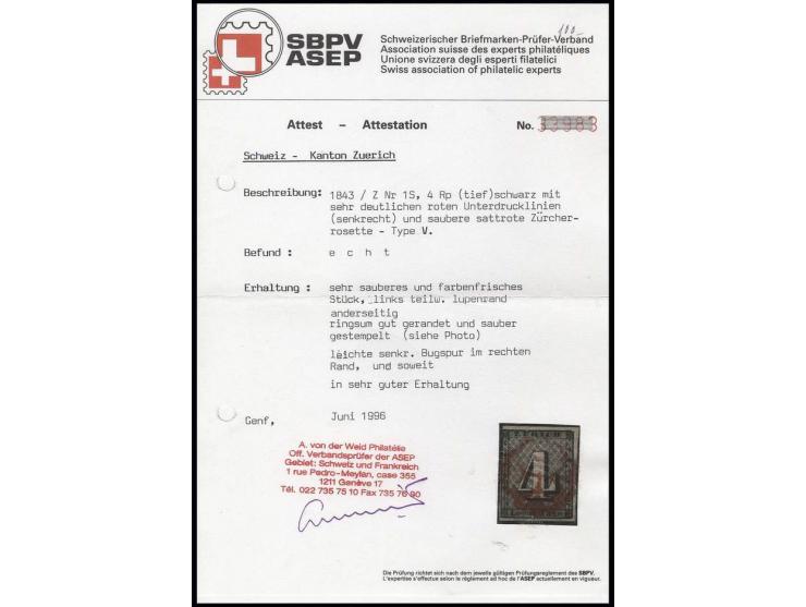 4 Rp. schwarz, Type V, mit sehr deutlichen Unterdrucklinien, links teilweise lupenrandig, sonst allseits gut gerandet mit sau