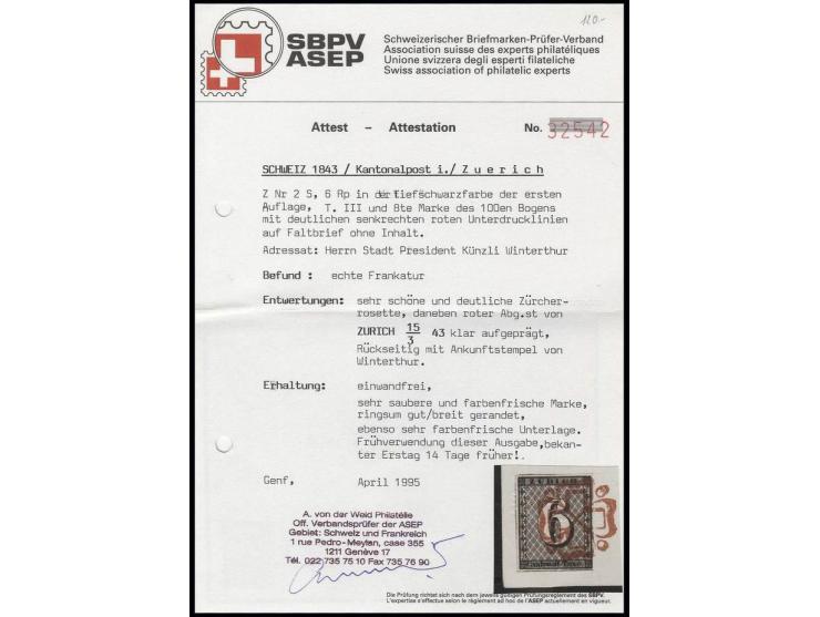 6 Rp. tiefschwarz, Type III, sehr farbfrisch mit deutlichen Unterdrucklinien, allseits voll- bis breitrandig mit klarer roter