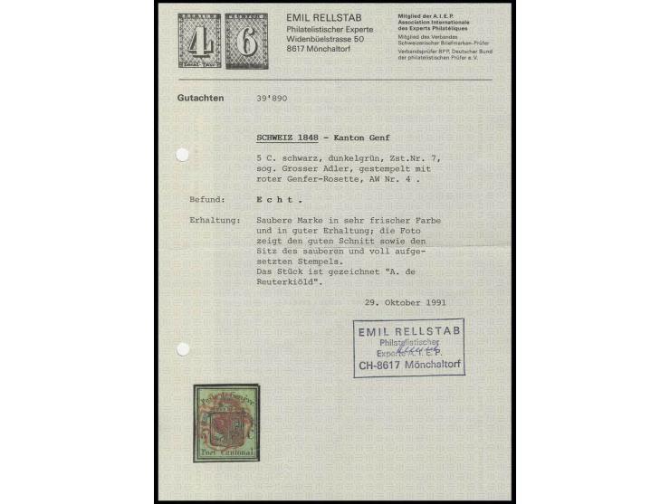 5 C. auf dunkelgrün, sehr farbfrisch, lupen- bis breitrandig mit roter Genfer Rosette, Pracht, Fotoattest Rellstab