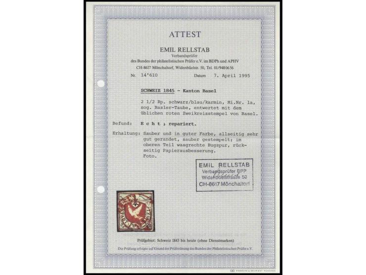 2 ½ Rp., allseits gut gerandet mit rotem DKr. von "BASEL", im oberen Teil waagerechte Bug-spur und rückseitig Papierausbesser