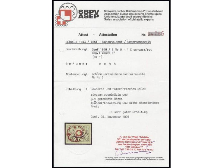 1848, Waadt 4 C. schwarz/rot, sehr schön farbfrisch und allseits breit- bis überrandig, zentrisch leicht aufgesetzte rote Gen